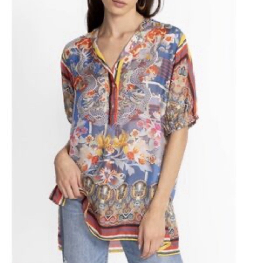 Johnny Was Hillan Morii Silk Tunic Dragon XS Short Sleeve Preppy Oriental